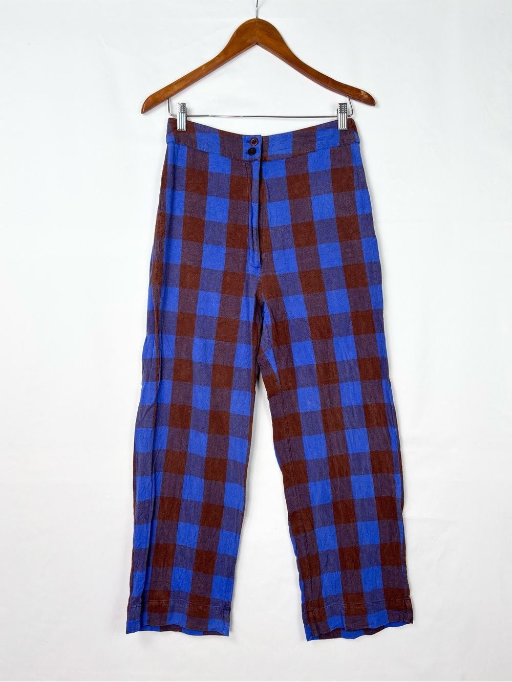 ALI GOLDEN Silk Fly Front Cobalt Plaid Pants Blue Brown Size M High Waist